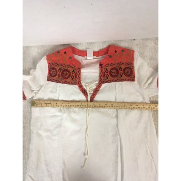 Esley Top Women  Size S White Orange Embroidered Geometric V neck Long Sleeves - Picture 10 of 13